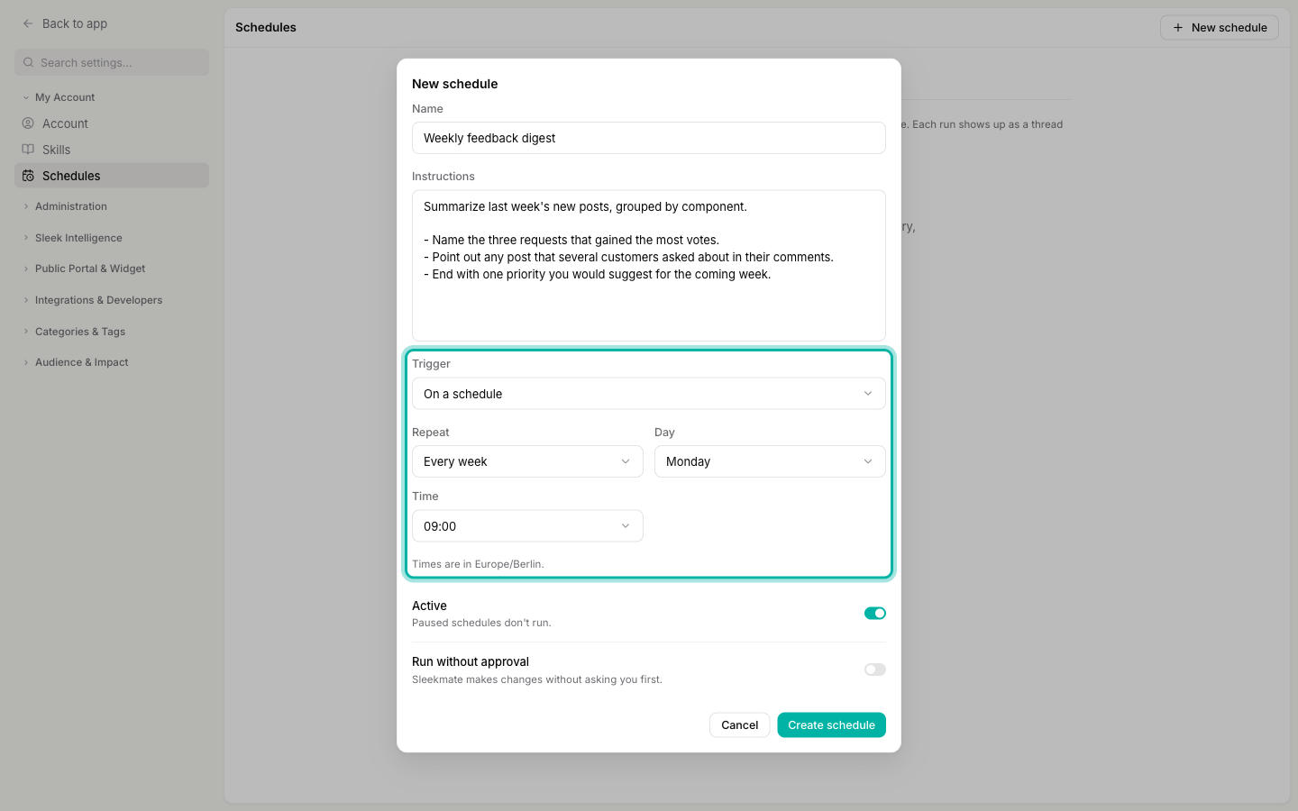The New schedule dialog with a weekly trigger on Monday at 09:00 highlighted
