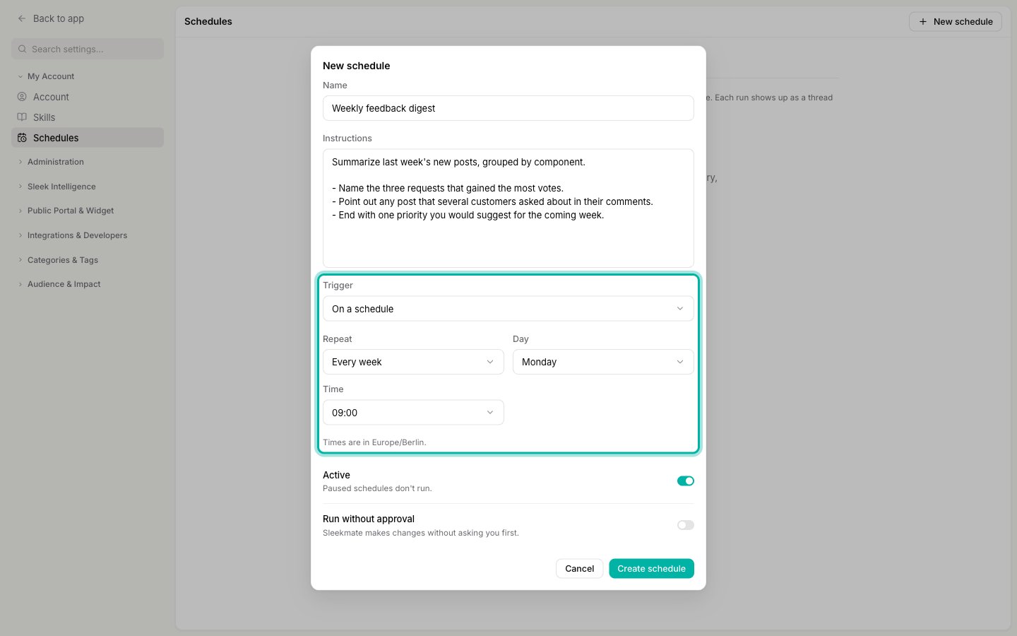 The New schedule dialog with a weekly trigger on Monday at 09:00 highlighted