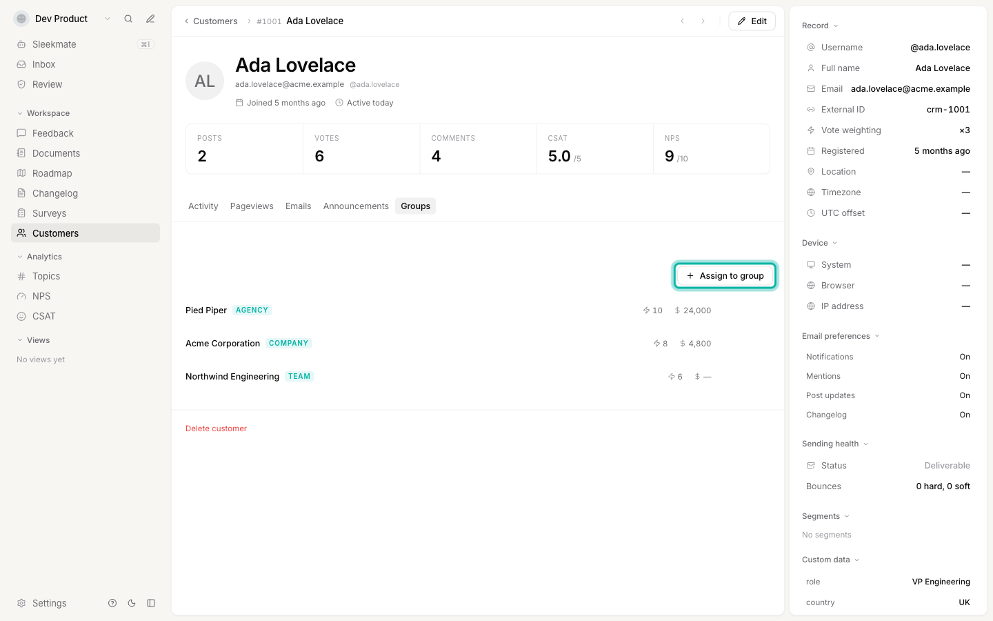 A customer profile with the Groups tab selected, listing the three groups they belong to and the Assign to group button highlighted