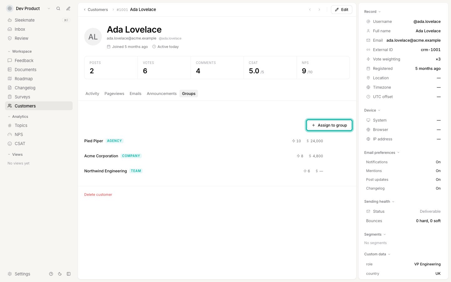 A customer profile with the Groups tab selected, listing the three groups they belong to and the Assign to group button highlighted