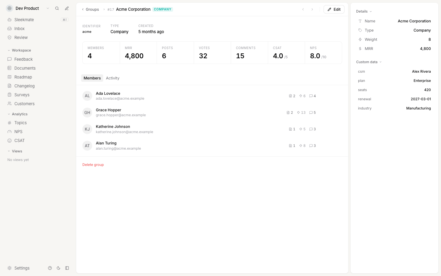 A group profile showing the identity summary, stat band, the Members tab listing four customers, and the details panel with custom data