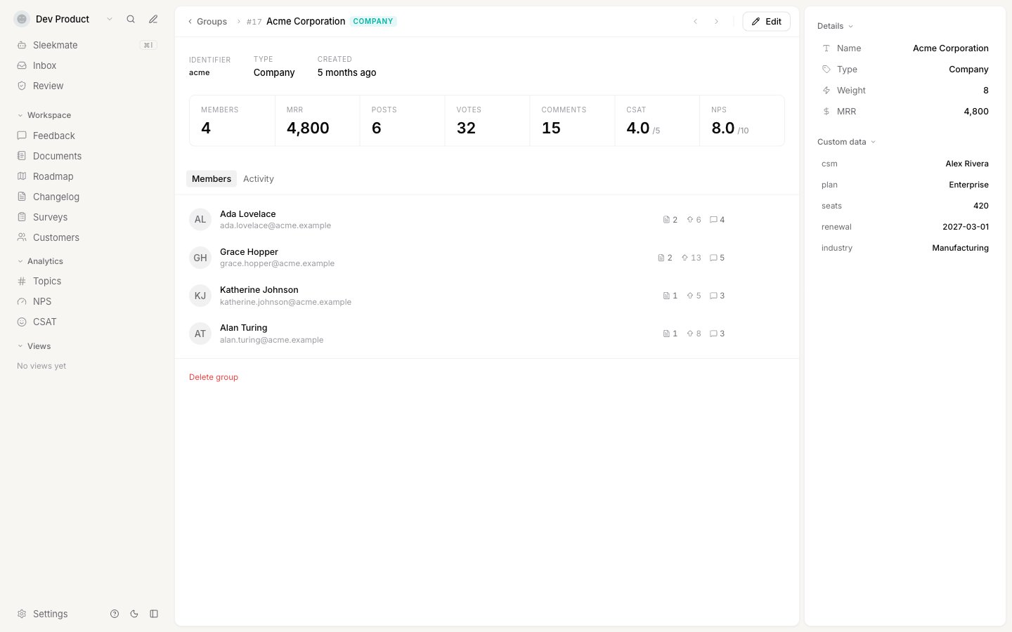 A group profile showing the identity summary, stat band, the Members tab listing four customers, and the details panel with custom data