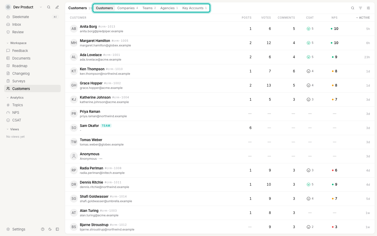 The Customers screen with the group tab bar highlighted, showing Customers, Companies, Teams, Agencies and Key Accounts tabs
