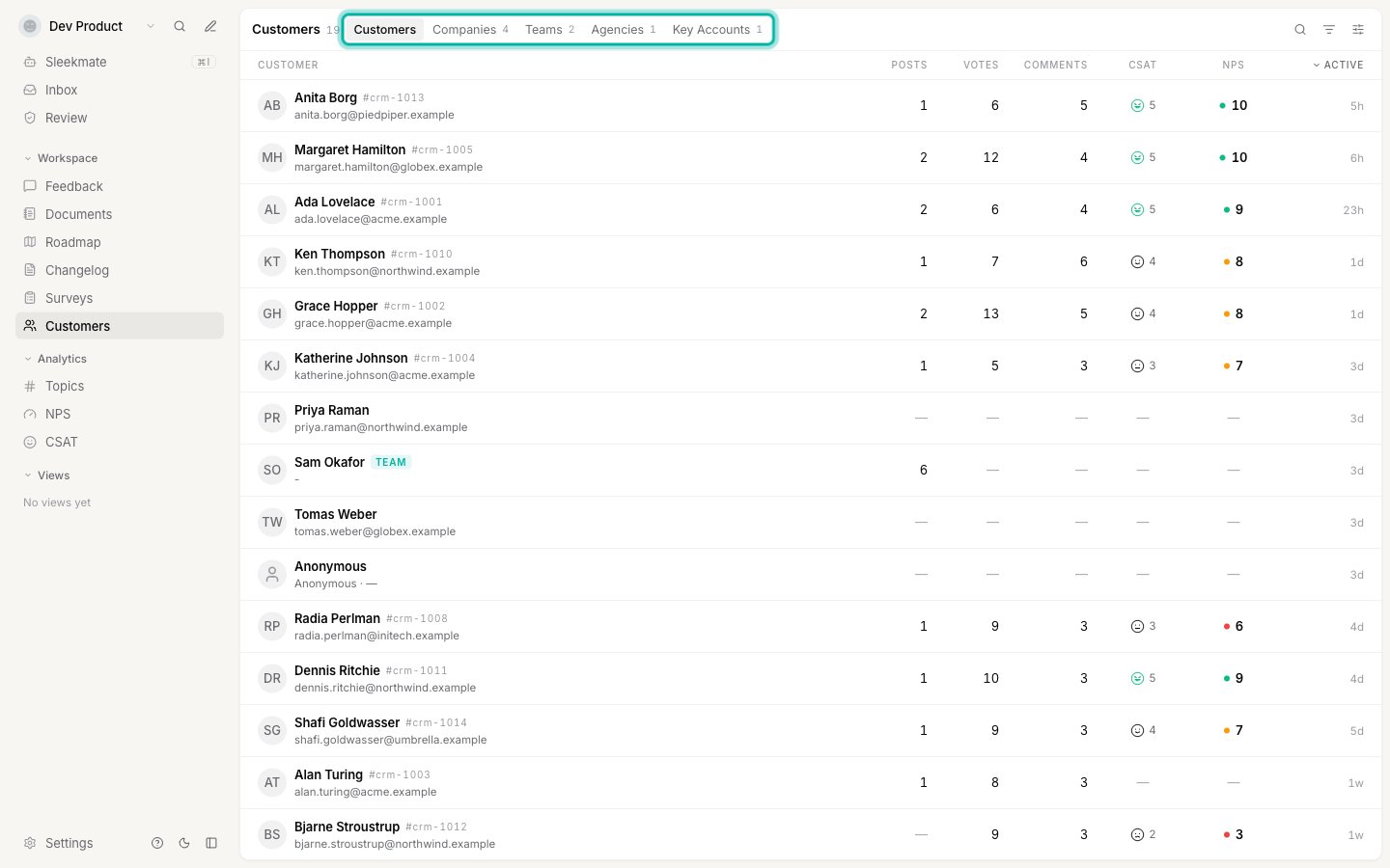 The Customers screen with the group tab bar highlighted, showing Customers, Companies, Teams, Agencies and Key Accounts tabs