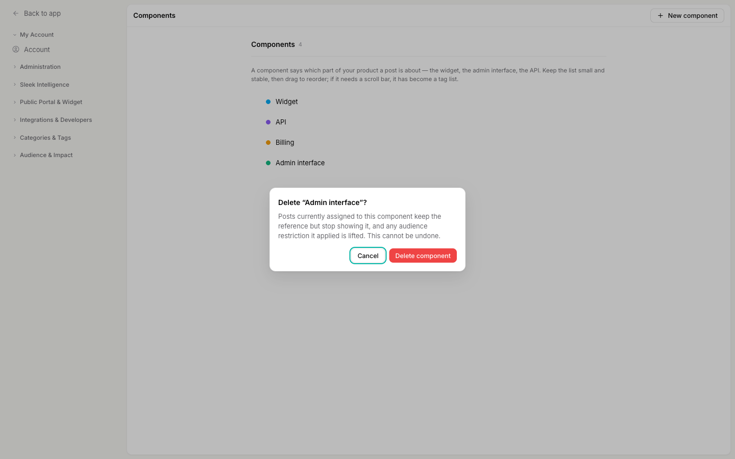 The delete confirmation dialog reading Delete Admin interface, warning that posts keep the reference but stop showing it and any audience restriction is lifted