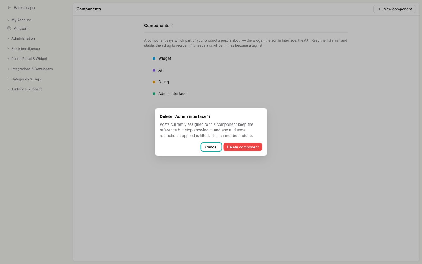 The delete confirmation dialog reading Delete Admin interface, warning that posts keep the reference but stop showing it and any audience restriction is lifted
