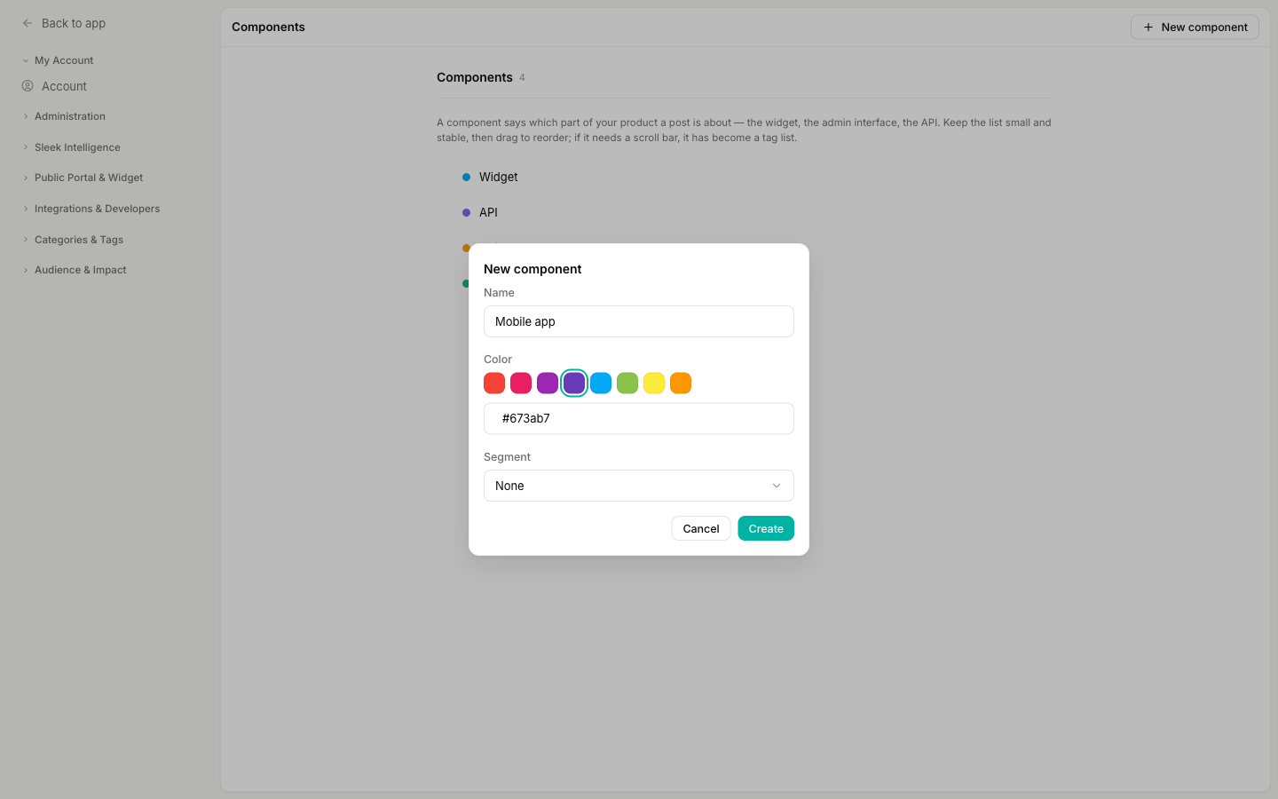The New component dialog with Name set to Mobile app, a row of color swatches with purple selected, and a Segment dropdown set to None