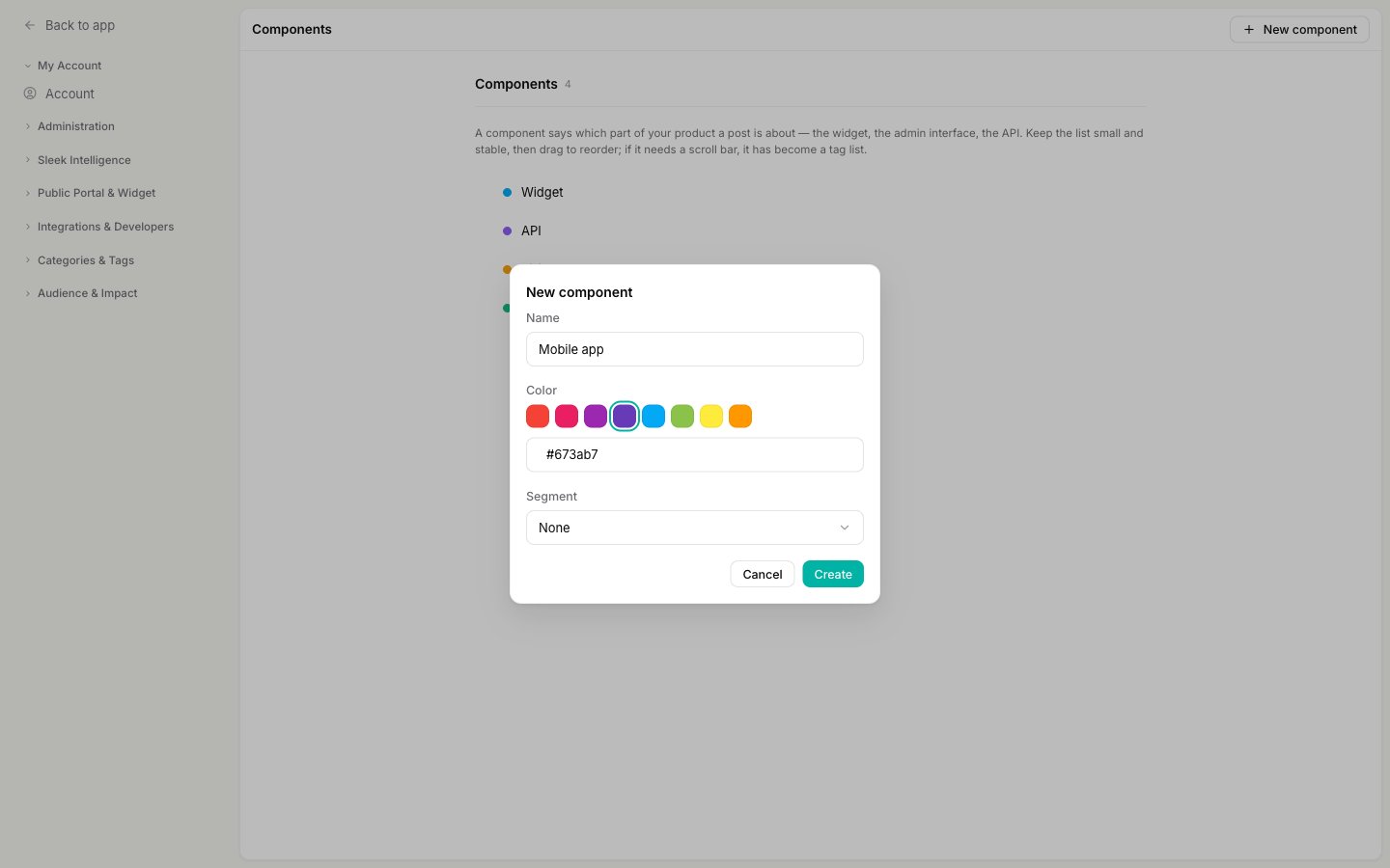 The New component dialog with Name set to Mobile app, a row of color swatches with purple selected, and a Segment dropdown set to None