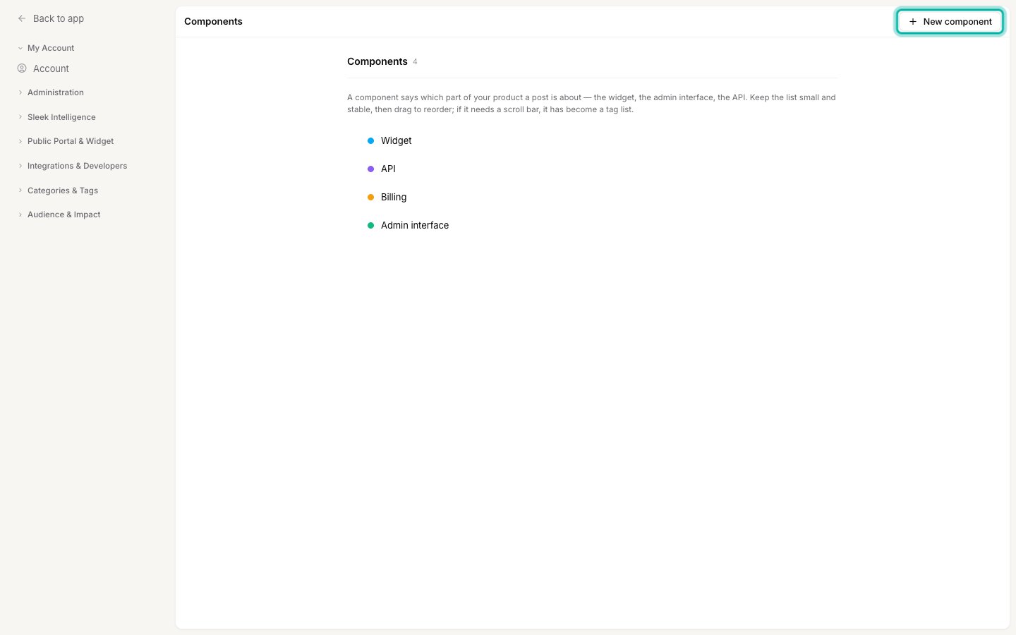 The Components settings page listing Widget, API, Billing, and Admin interface, each with a colored dot, and the New component button highlighted in the top right