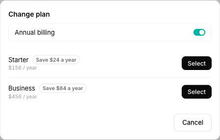 The Change plan dialog on annual billing, with the yearly price and the yearly saving for Starter and Business