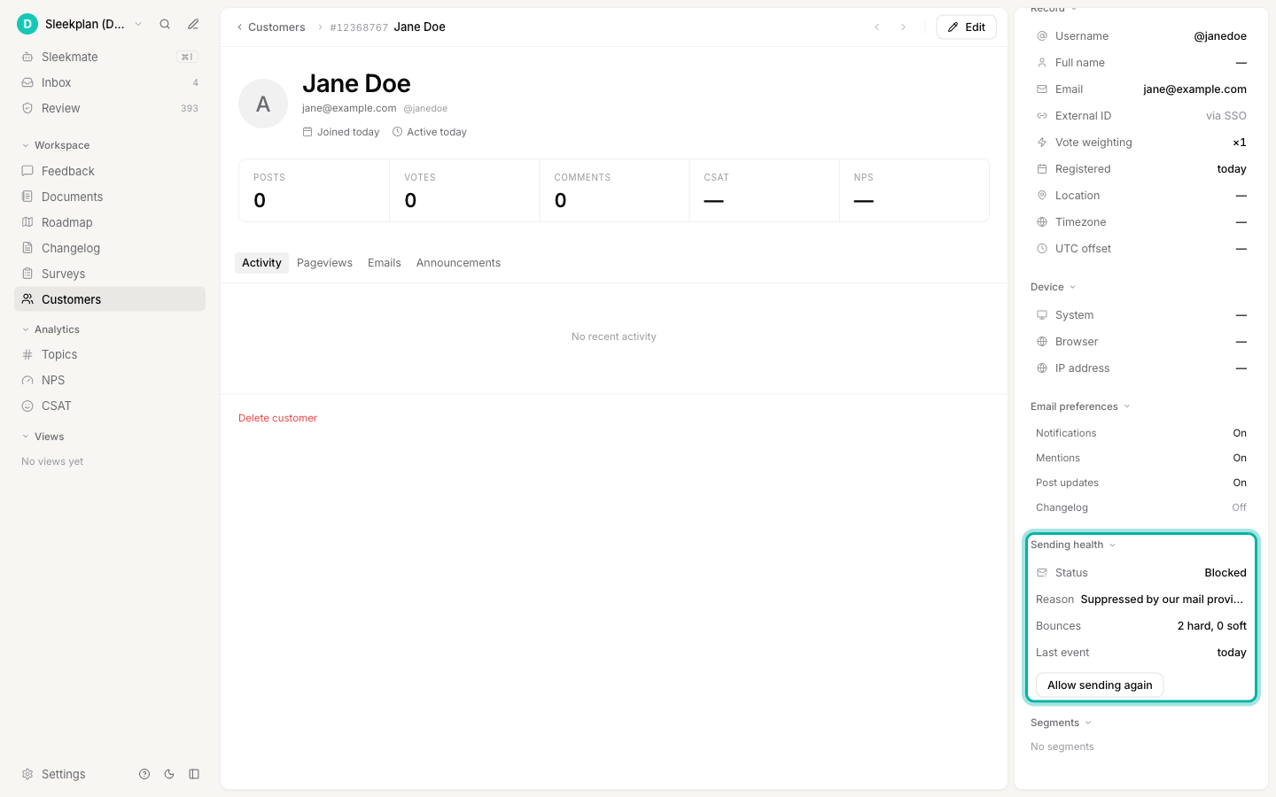 The Sending health panel on a customer profile, showing a blocked address with the reason and bounce counts