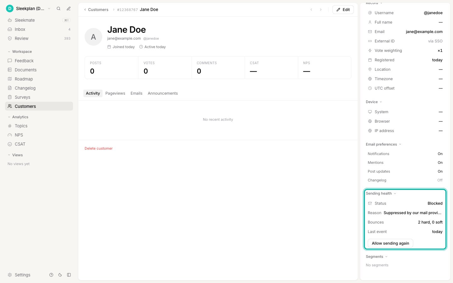 The Sending health panel on a customer profile, showing a blocked address with the reason and bounce counts