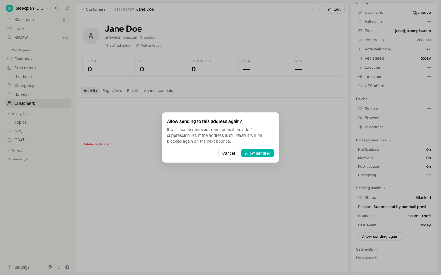 Confirmation dialog before restoring email delivery to a customer