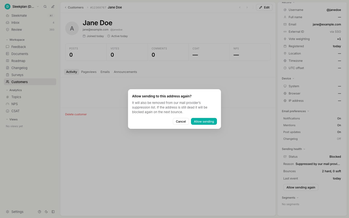 Confirmation dialog before restoring email delivery to a customer
