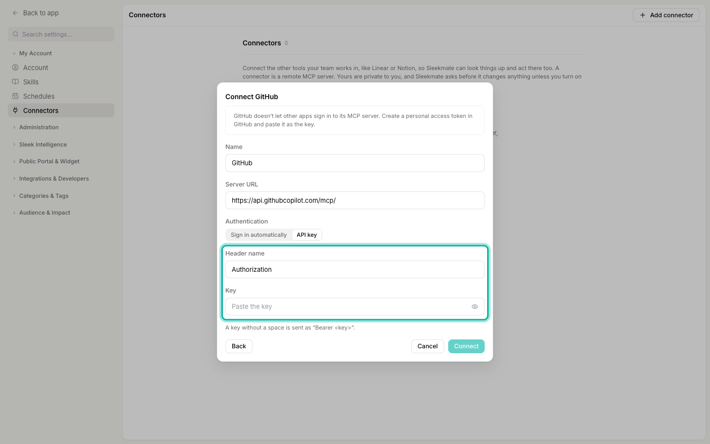 The Connect GitHub form with the Header name and Key fields highlighted