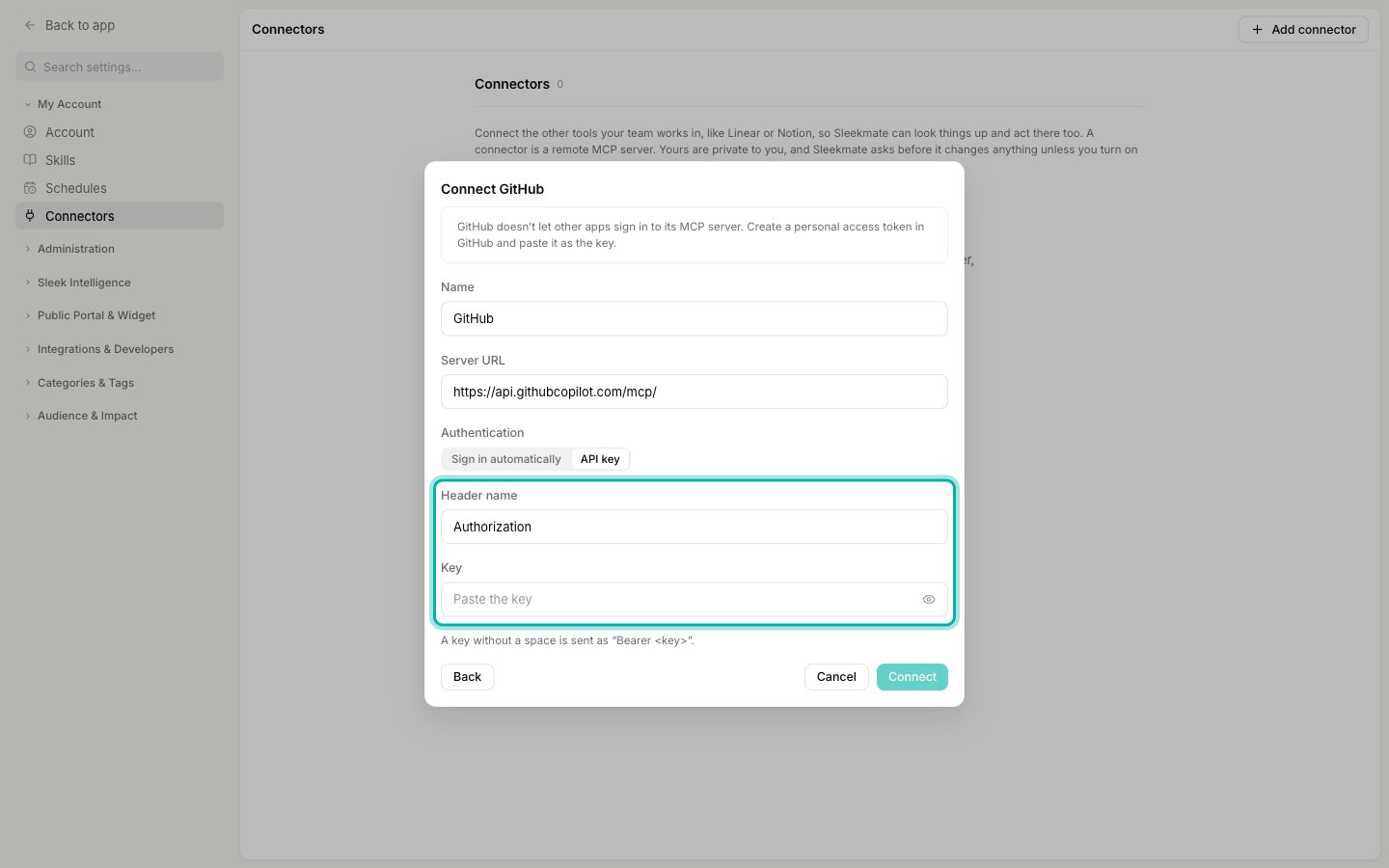 The Connect GitHub form with the Header name and Key fields highlighted