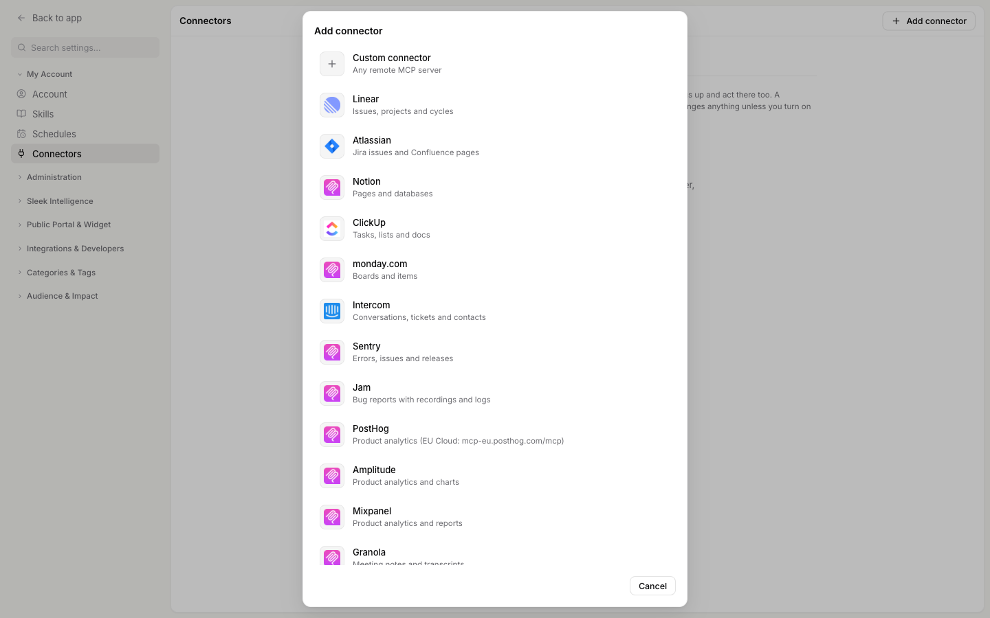 The Add connector dialog listing Custom connector, Linear, Atlassian, Notion, ClickUp and more