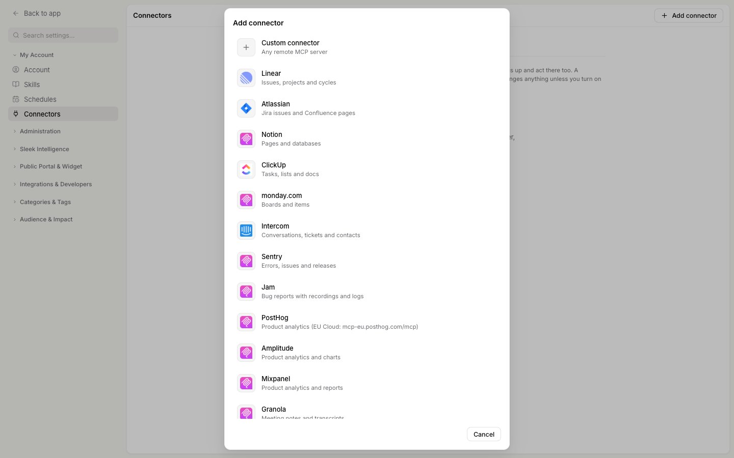The Add connector dialog listing Custom connector, Linear, Atlassian, Notion, ClickUp and more