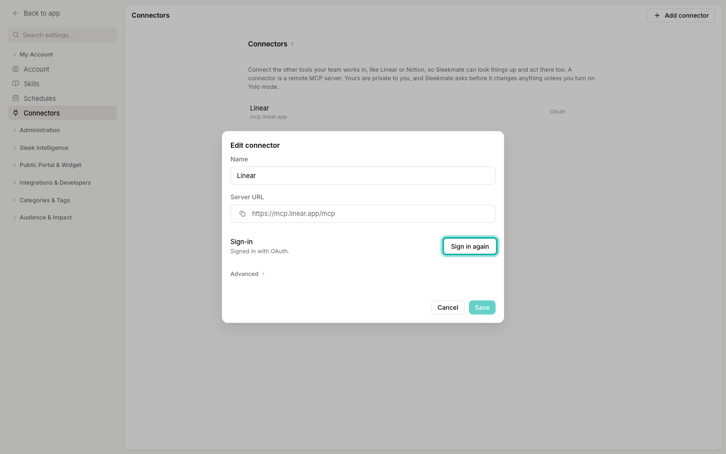 The Edit connector dialog for Linear with the Sign in again button highlighted