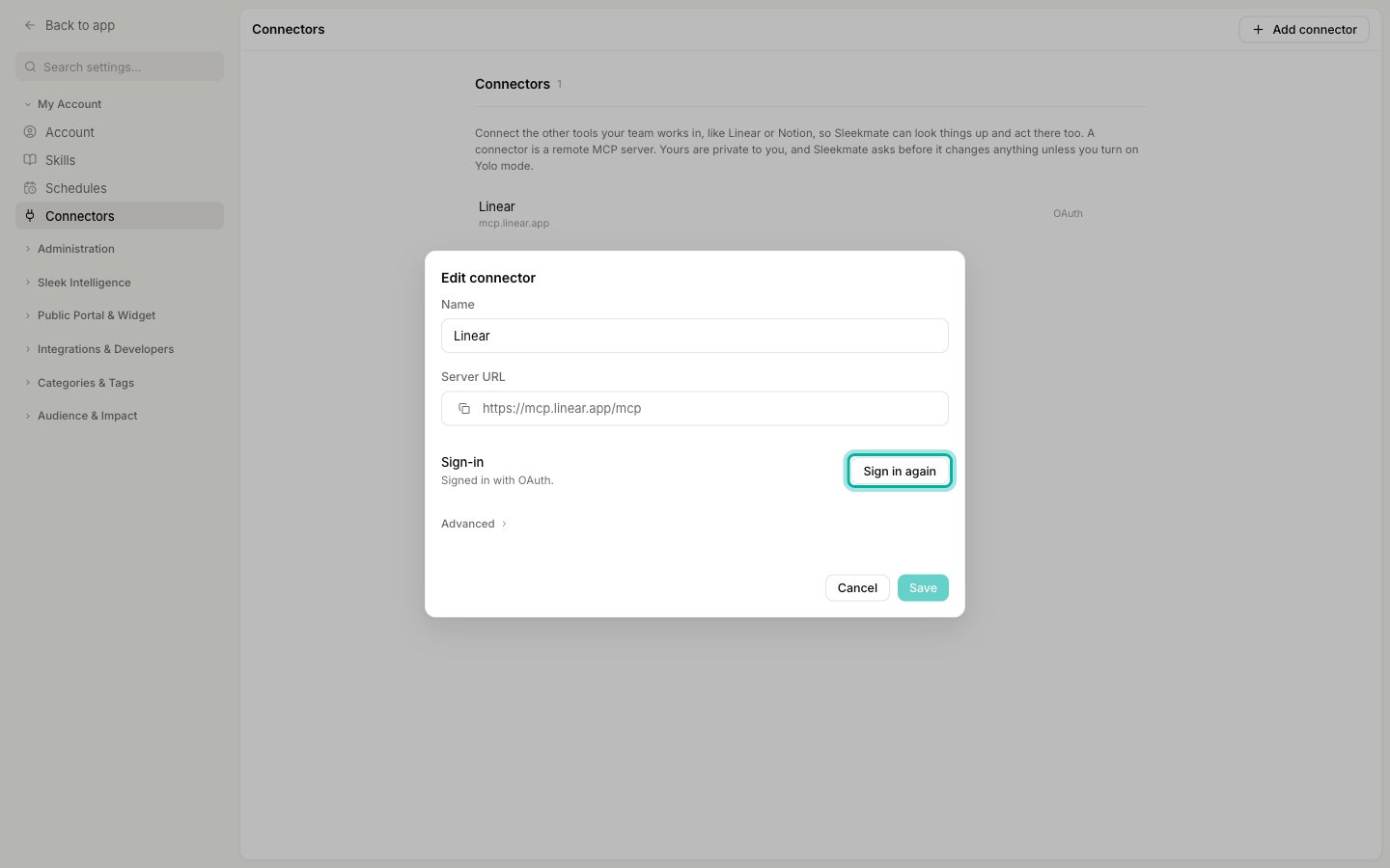 The Edit connector dialog for Linear with the Sign in again button highlighted