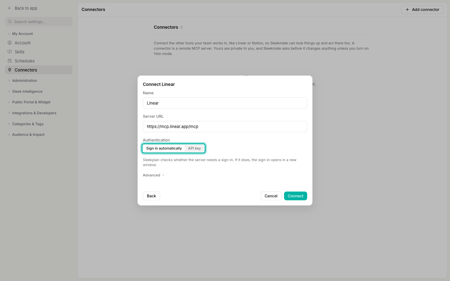 The Connect Linear form with the Authentication choice highlighted