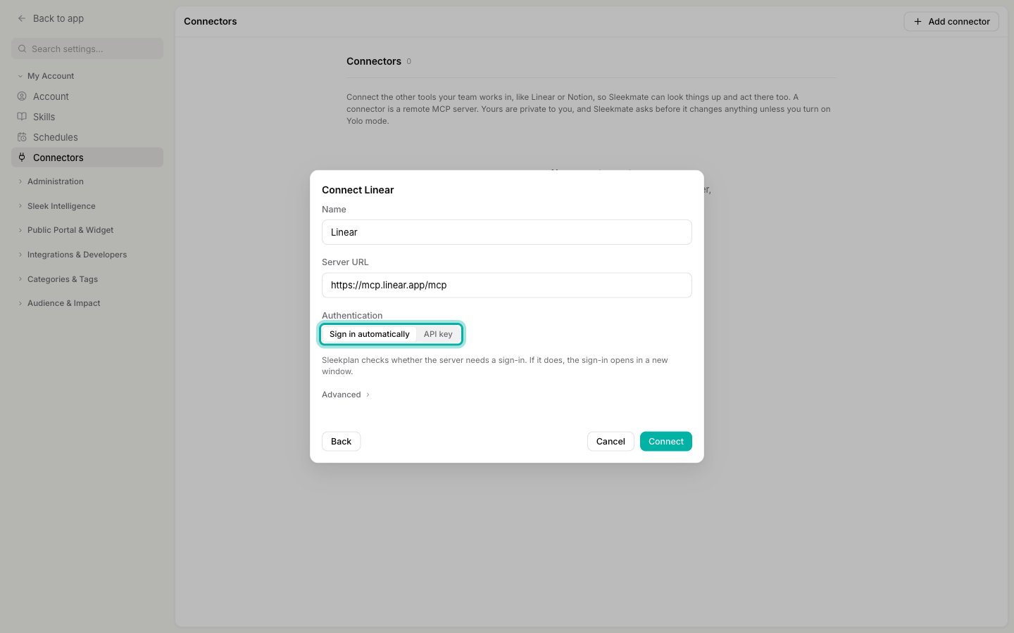The Connect Linear form with the Authentication choice highlighted