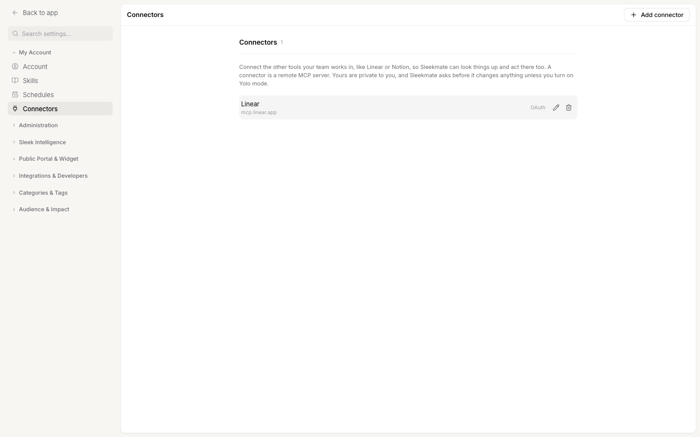 The Connectors page listing a Linear connector with its edit and delete buttons