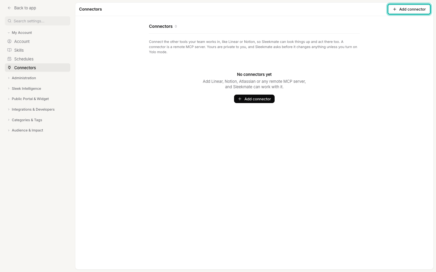 The Connectors settings page with the Add connector button highlighted
