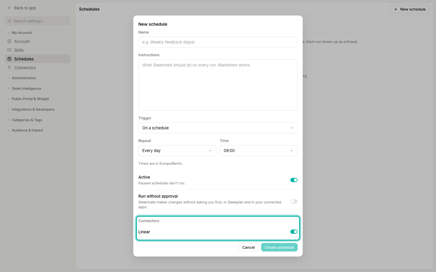 The New schedule dialog with the Connectors section highlighted, showing Linear switched on