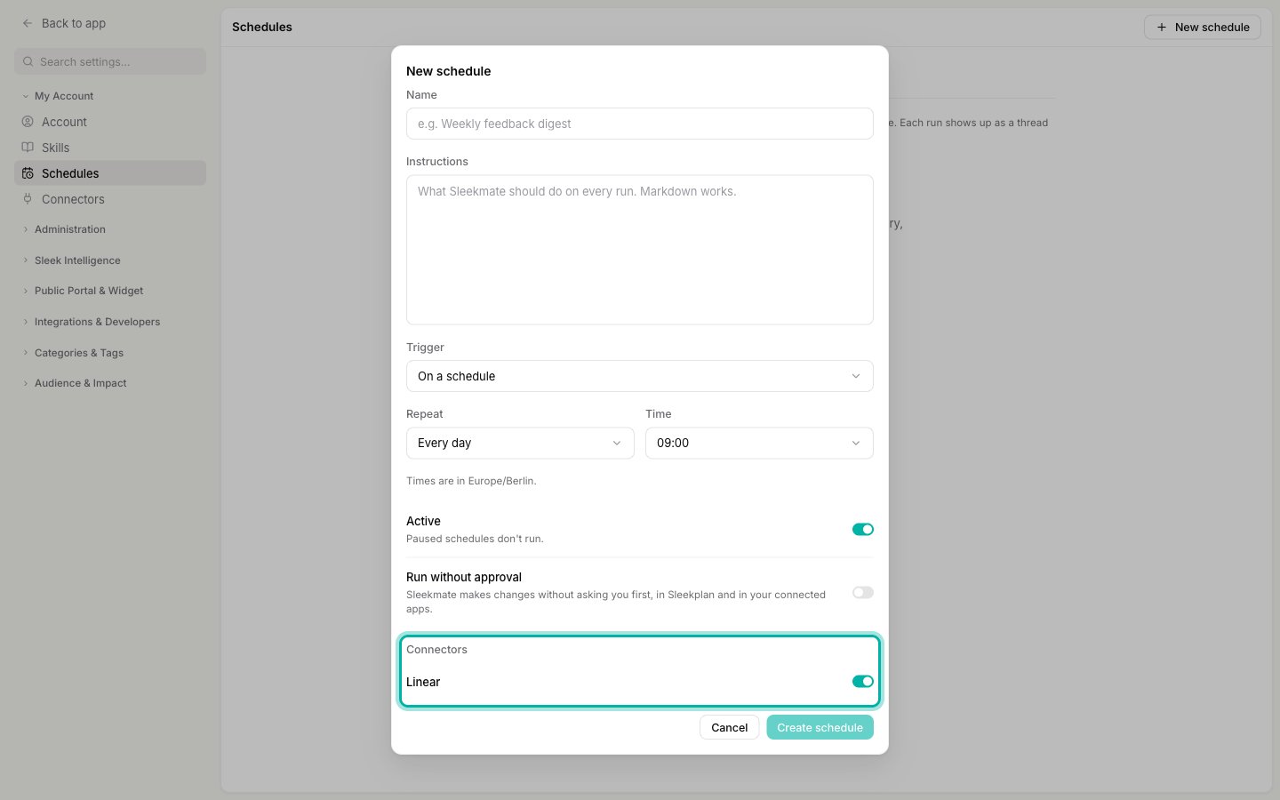 The New schedule dialog with the Connectors section highlighted, showing Linear switched on