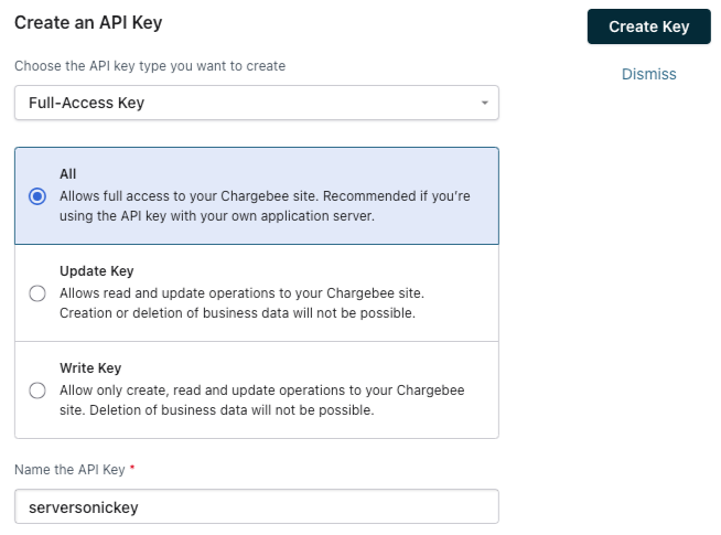 Chargebee API key creation