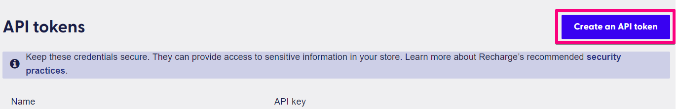 Recharge API token creation button