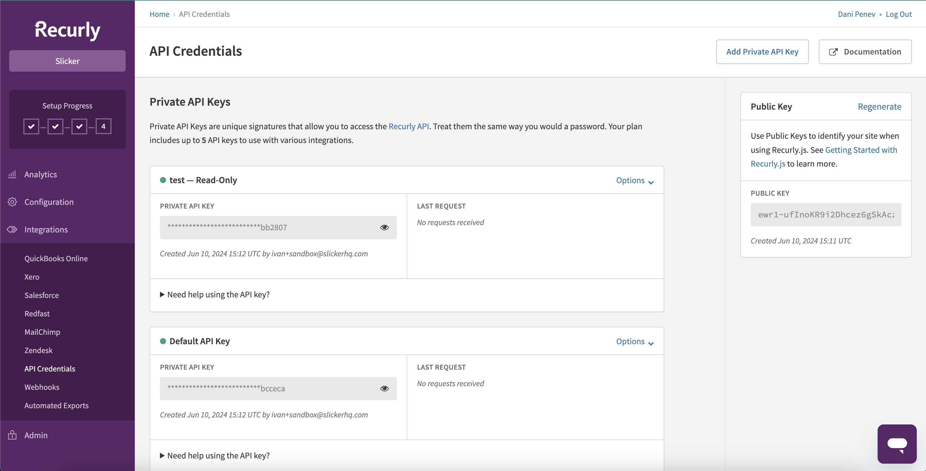 Recurly API credentials page