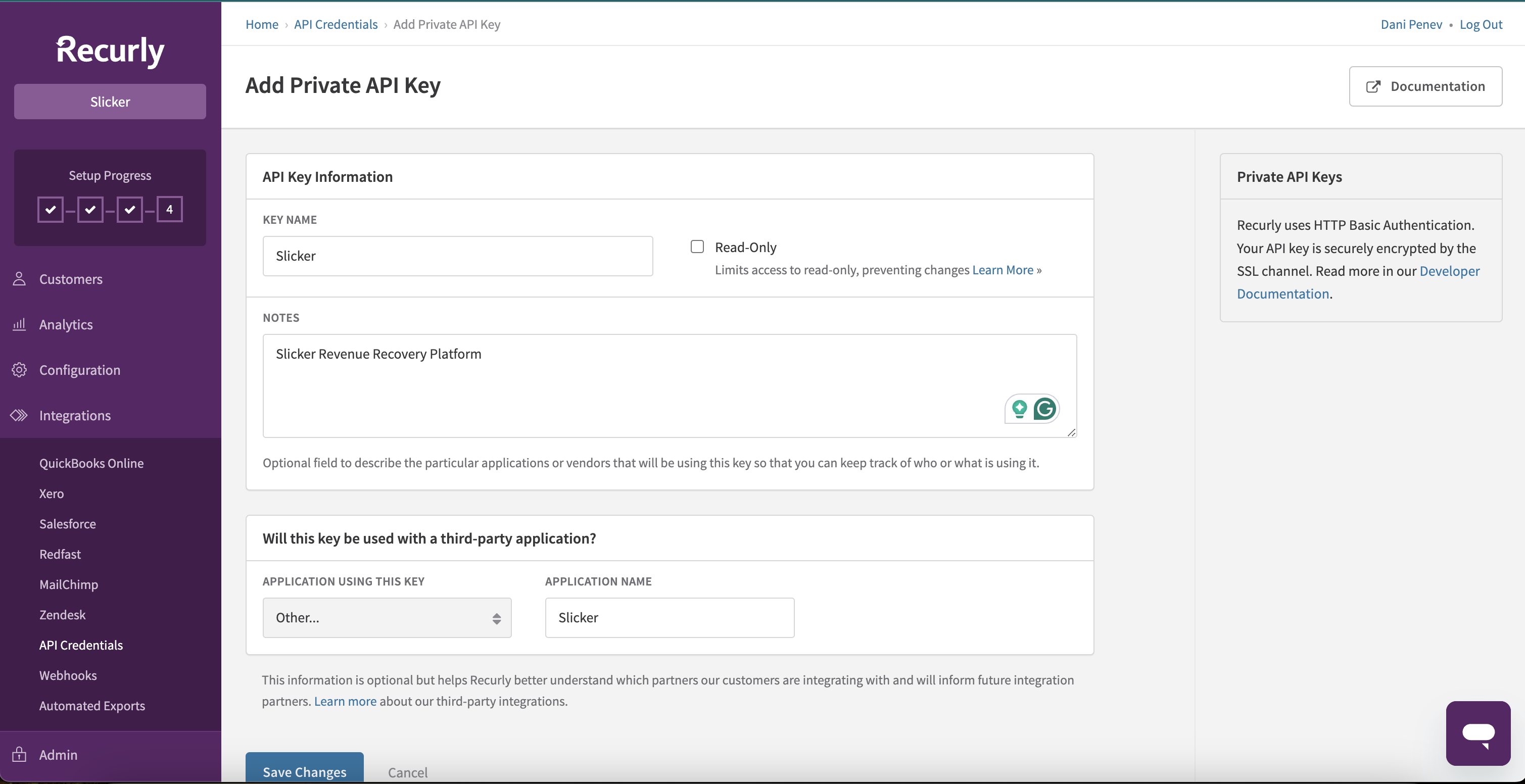 Recurly Private API keys configuration page
