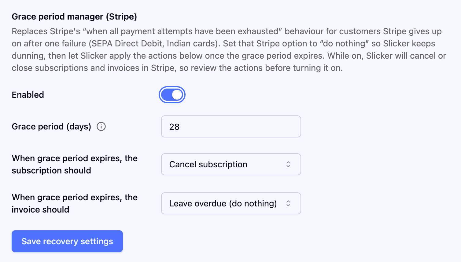 Slicker grace period manager settings for Stripe