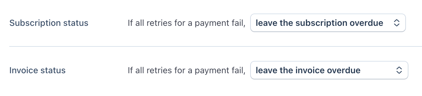 Stripe retries settings with all failed-payment outcomes left as overdue