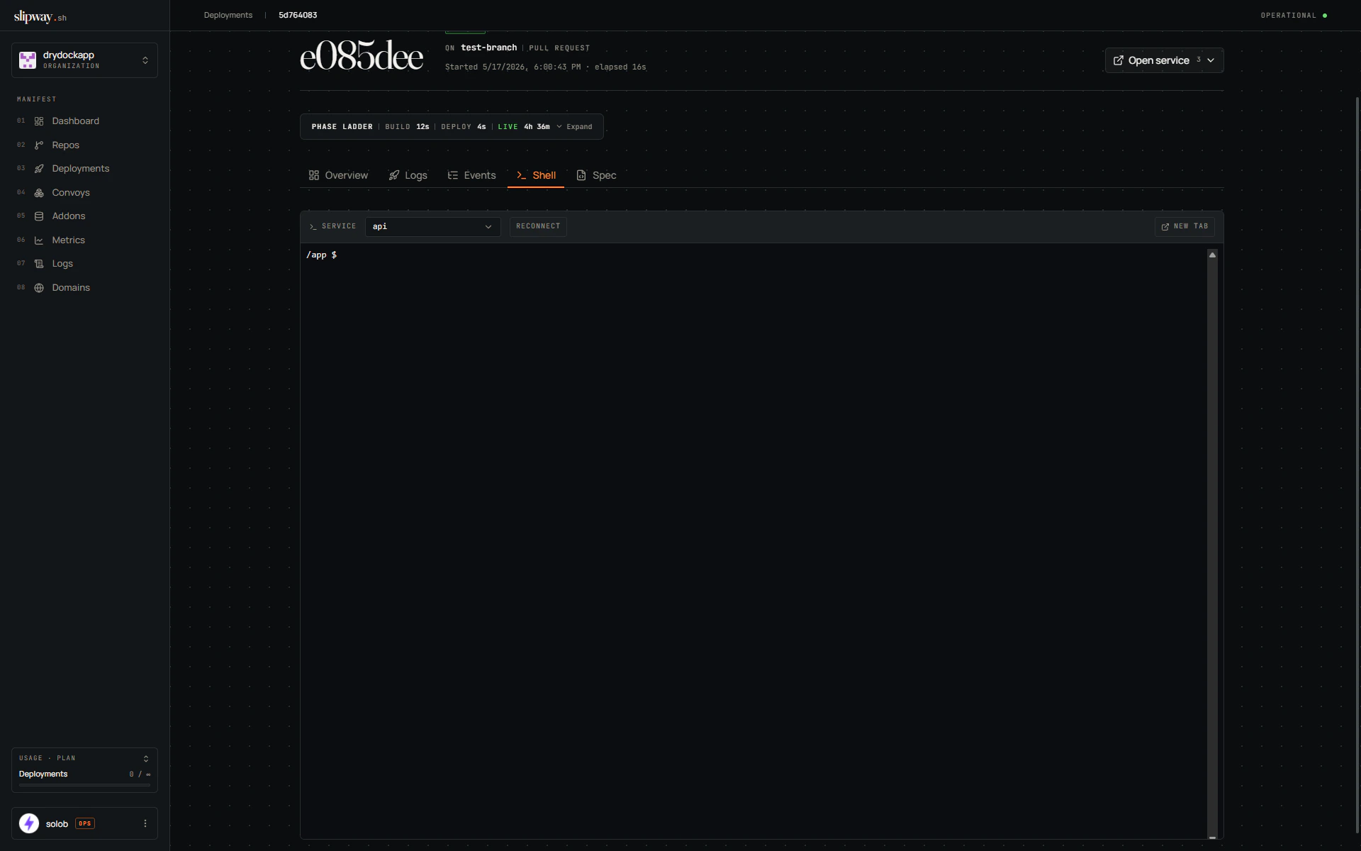 Shell tab connected to a service