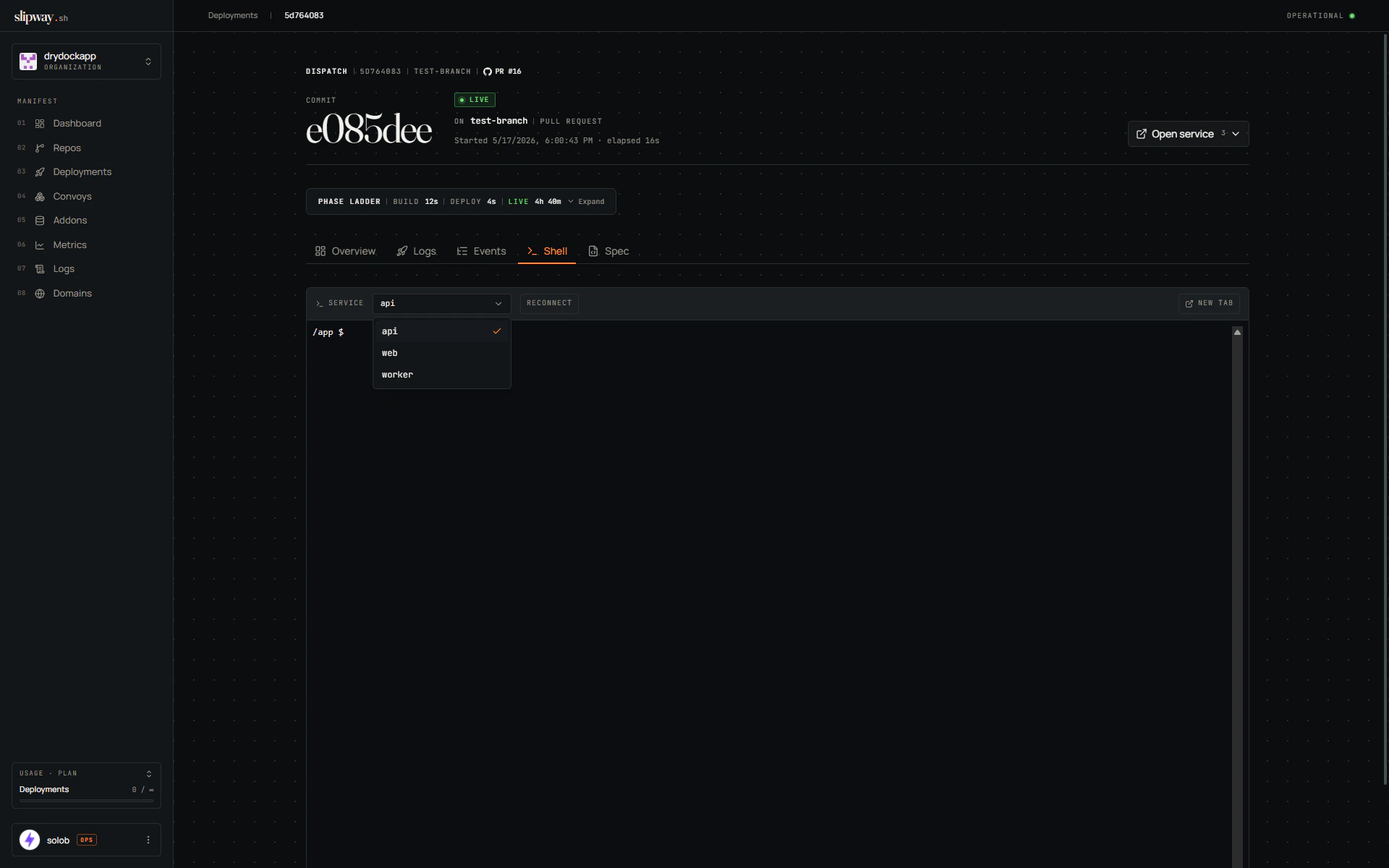 Service picker on the Shell tab