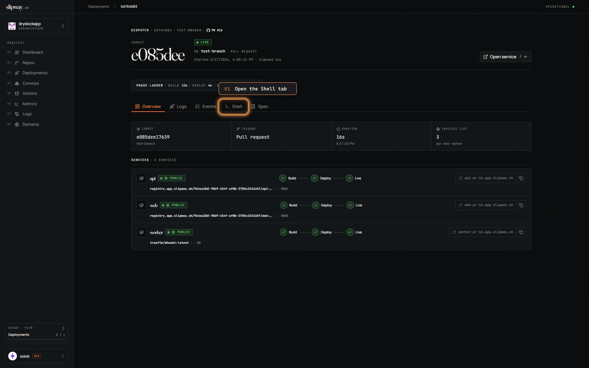 Shell tab on the deployment detail page