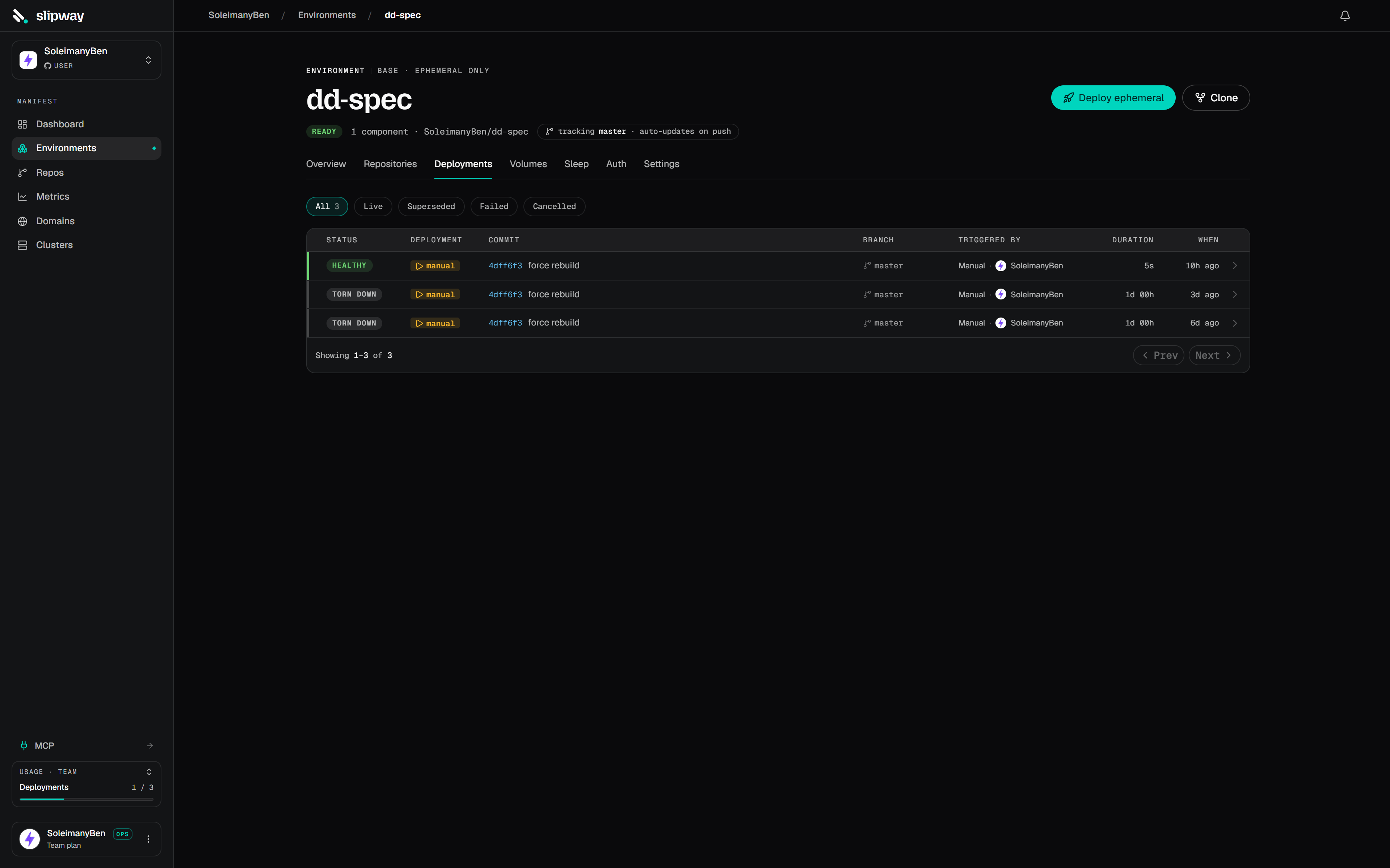 Deployments list