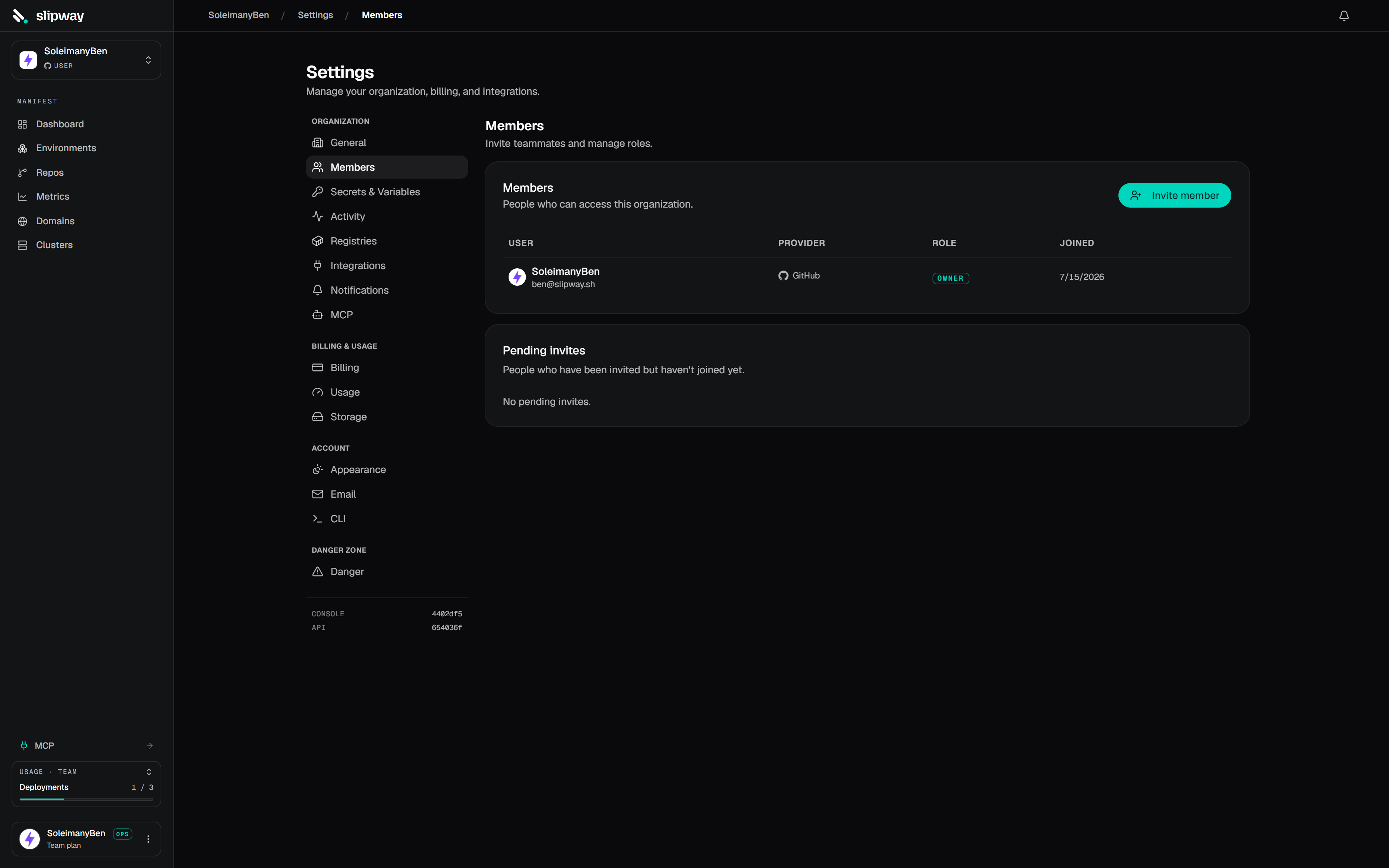 Members settings page