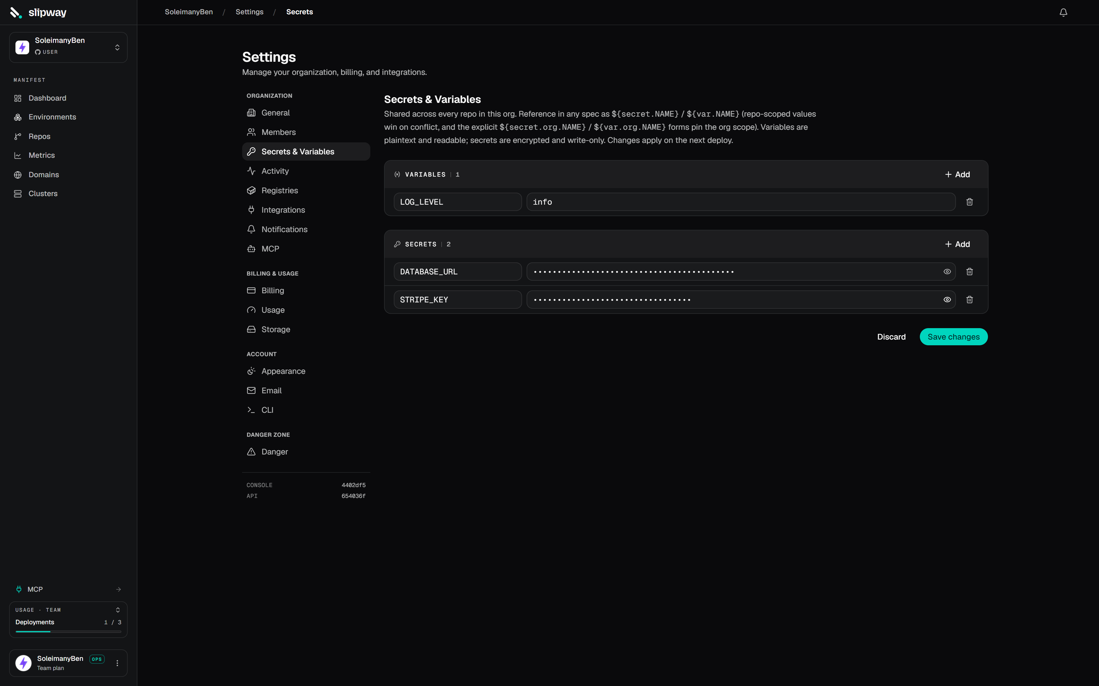 Org secrets page