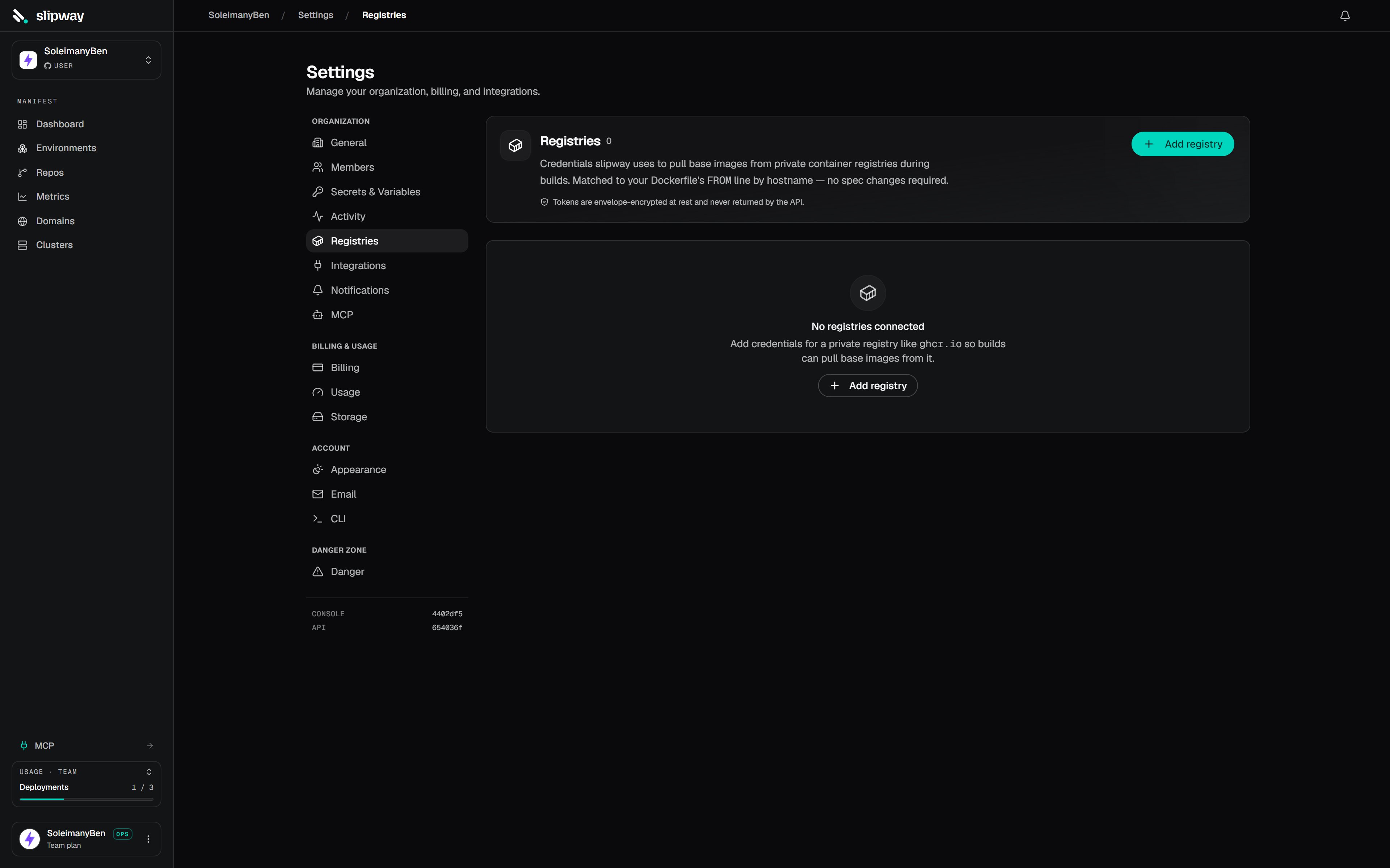Registries settings page