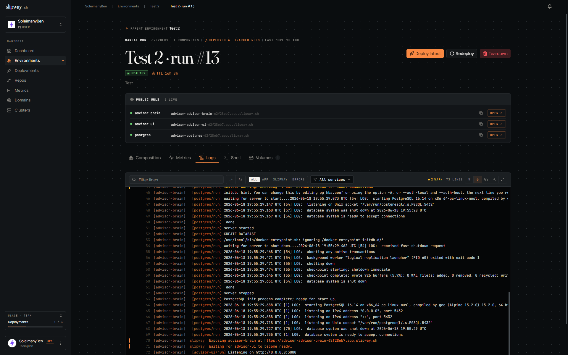 Deployment logs tab
