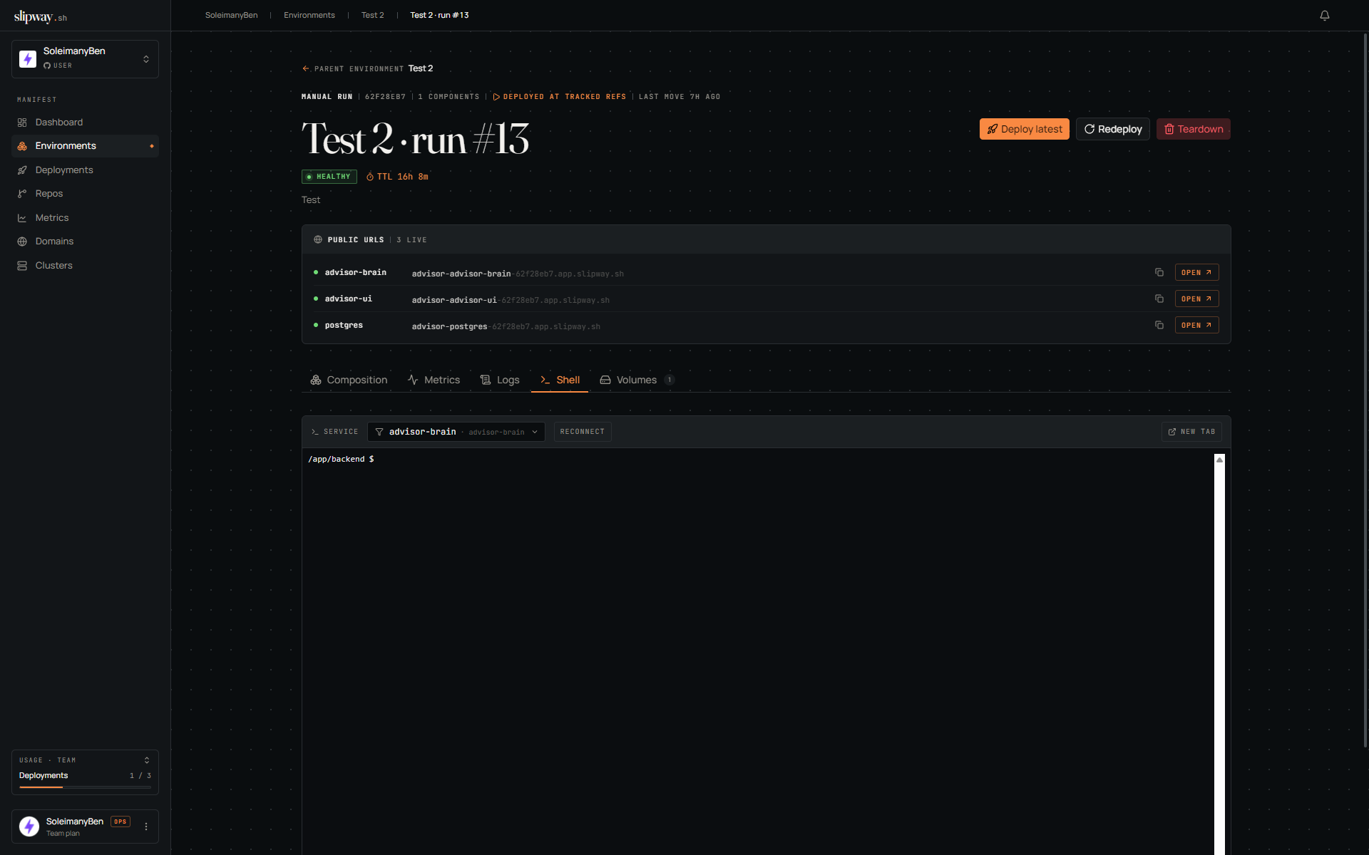 Shell tab connected to a service