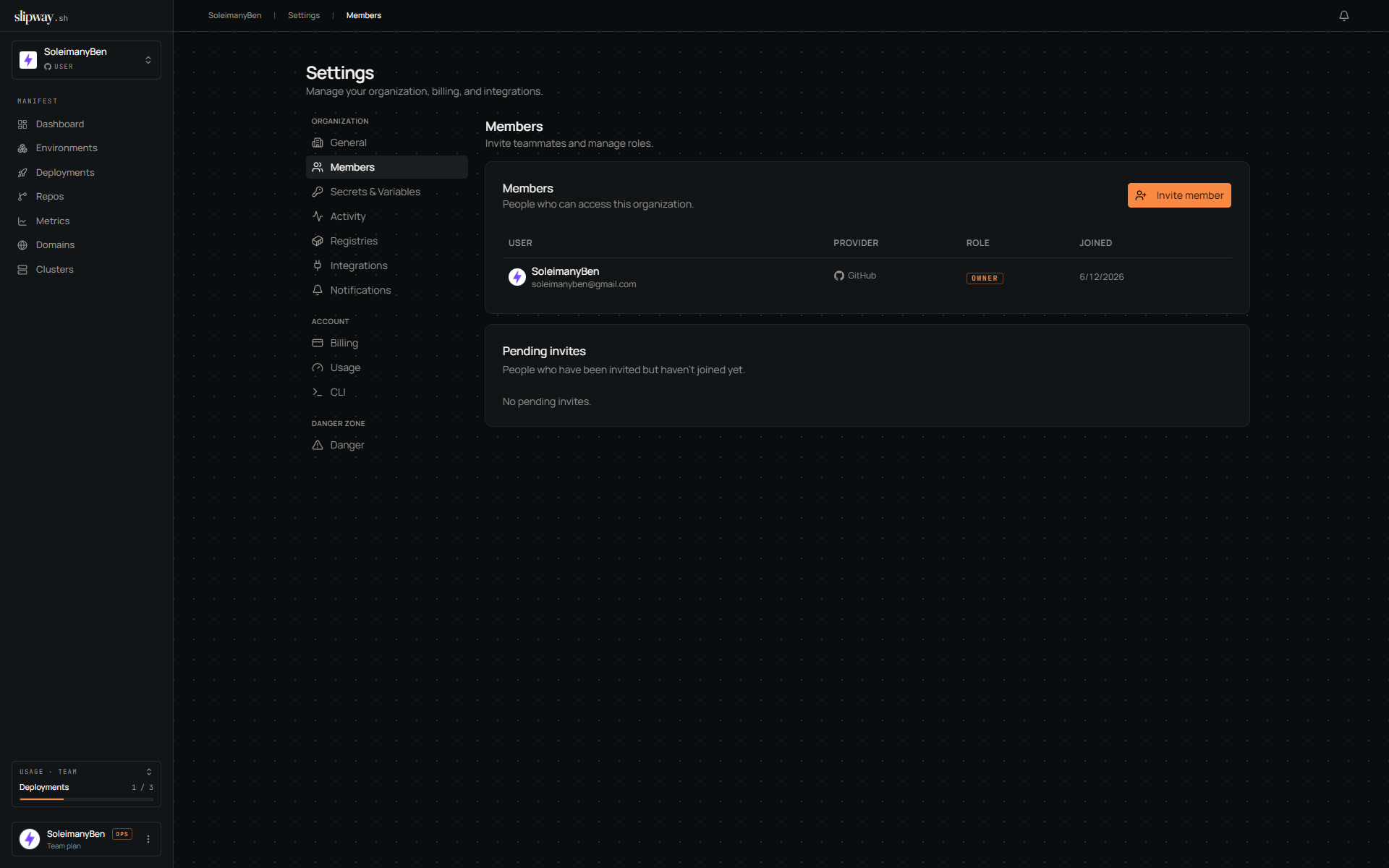 Members settings page