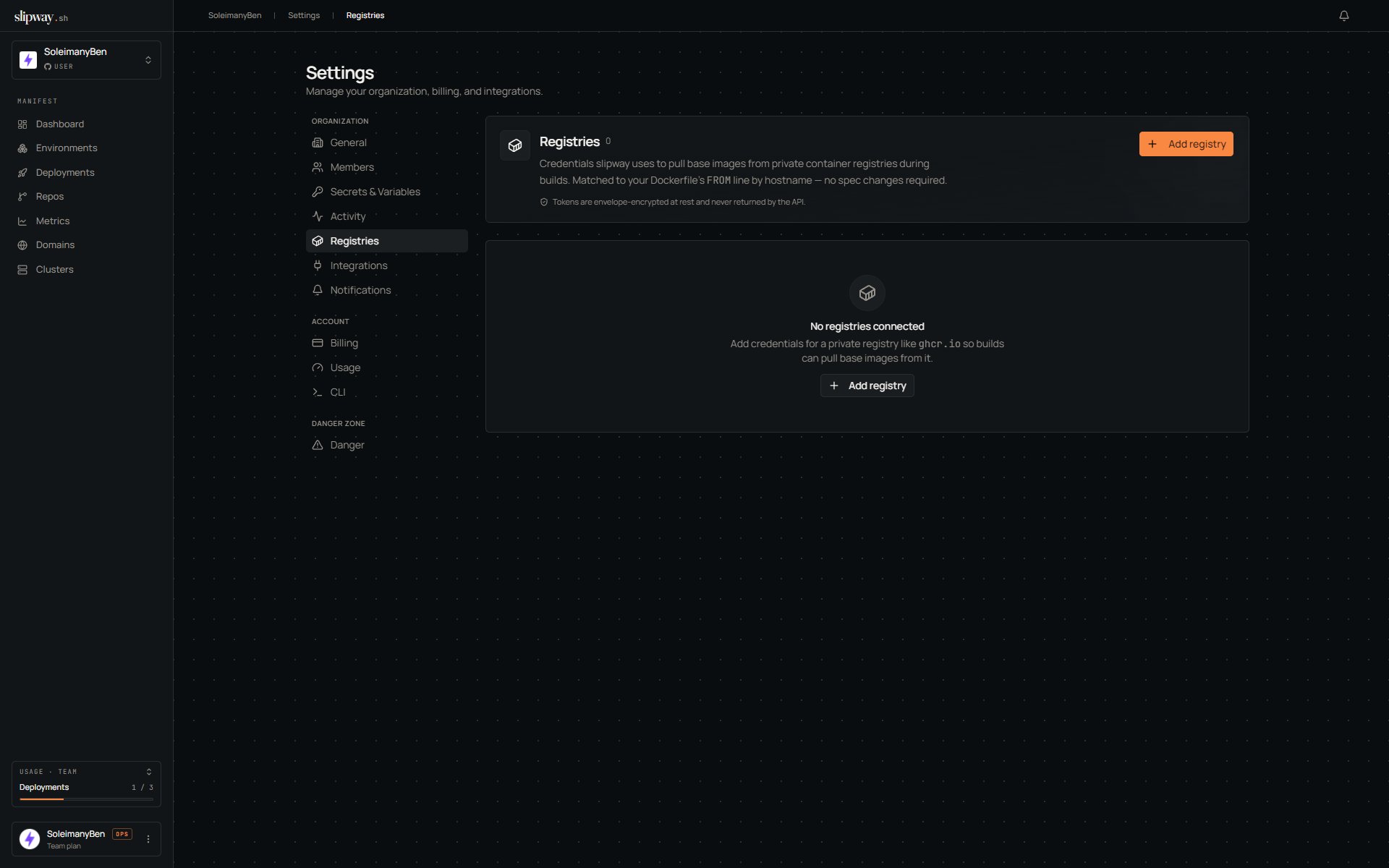 Registries settings page