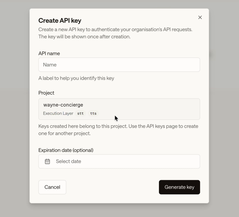 Create API key dialog with the project's layers, Execution Layer stt tts, shown under Project