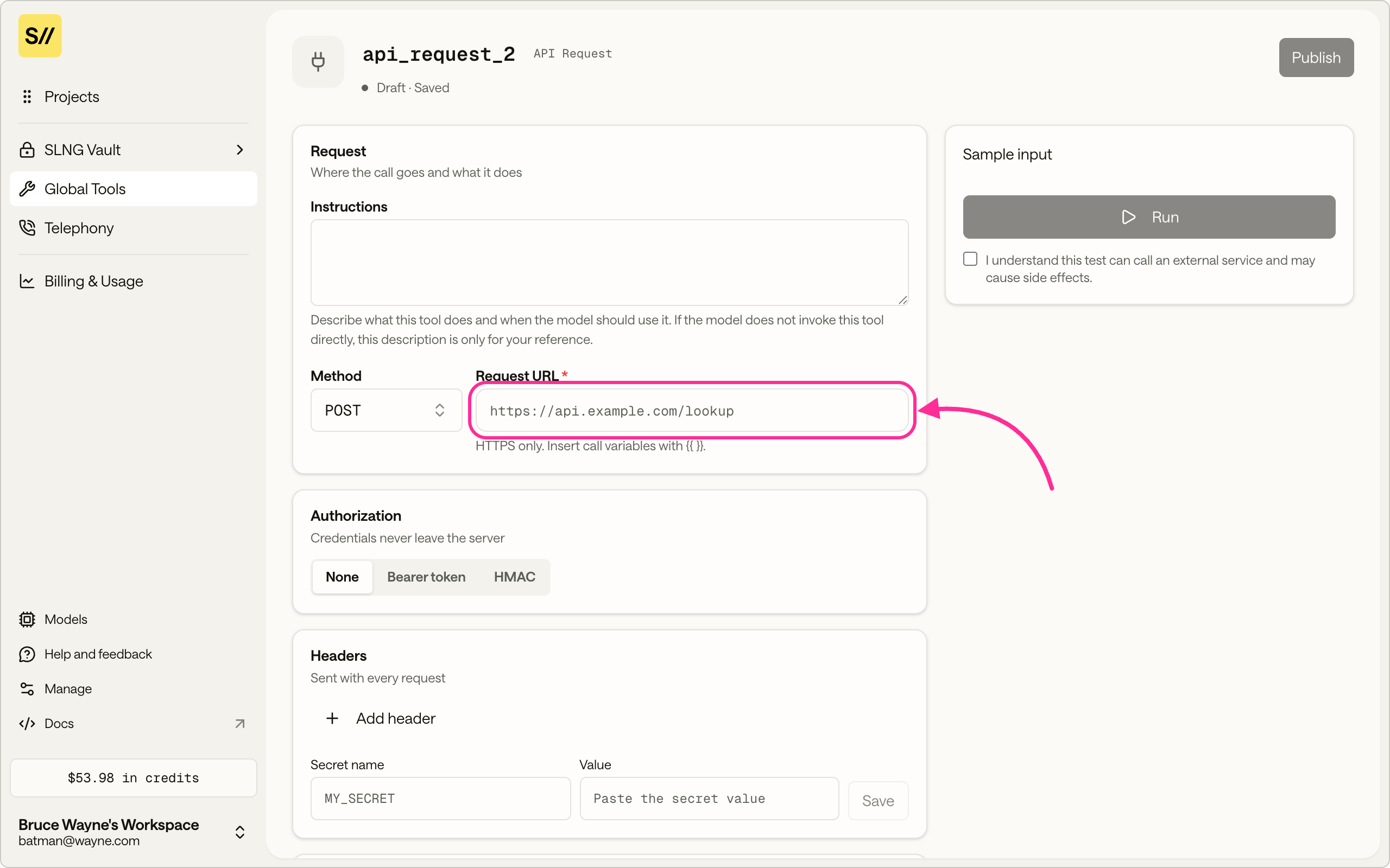 The API Request tool editor with the Request URL field highlighted