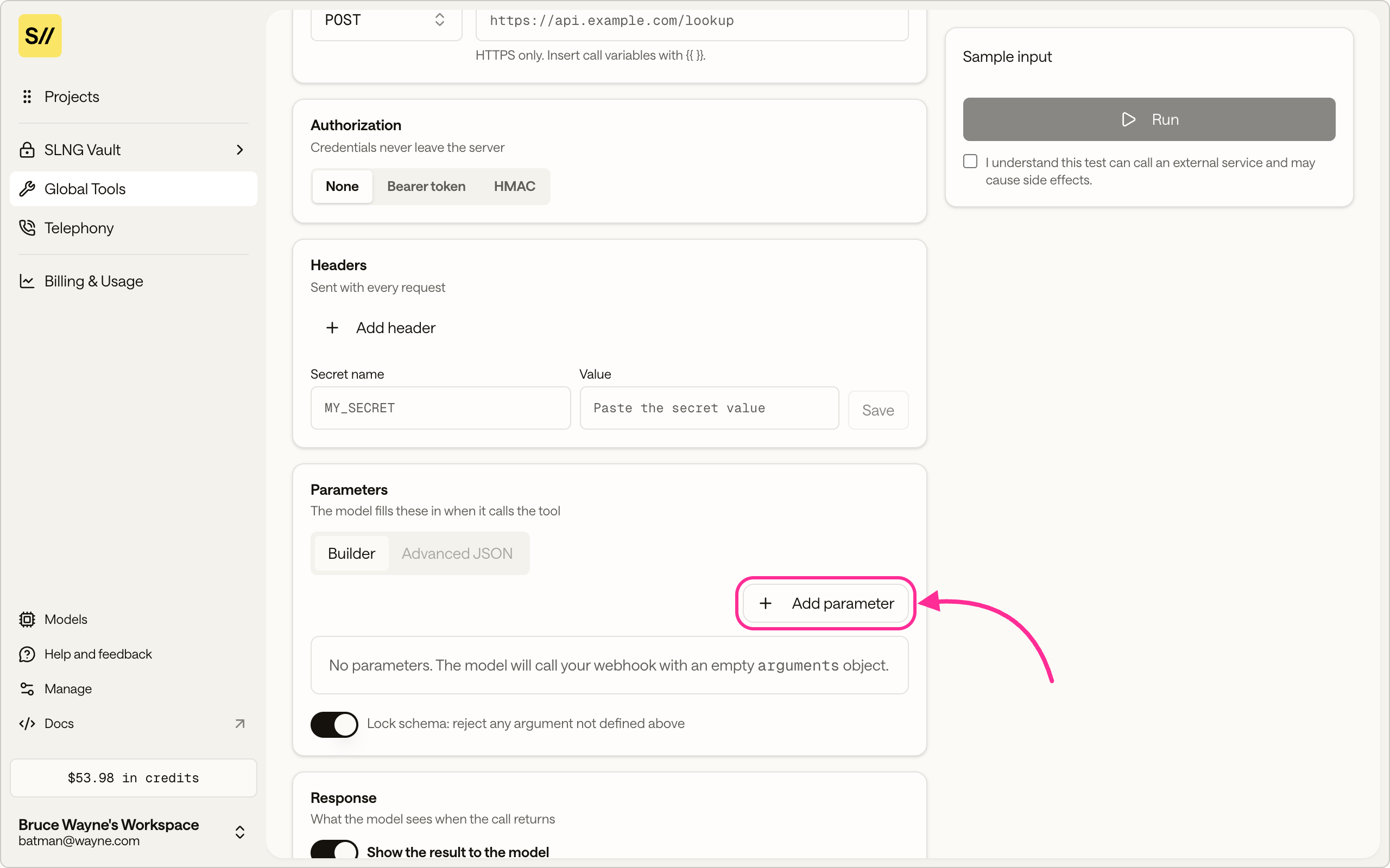 The Parameters section of the API Request tool editor with Add parameter highlighted